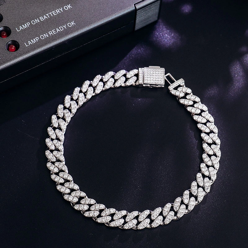 Rhodium Plated 6mm 8mm 7-9 Inches Silver 2 Rows Moissanite Cuban Link Bracelet Hiphop Style for Man