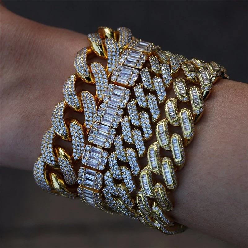 Wholesale Gold Plating Full Diamond Cuban Link Chain Bracelet Iced out Moissanite Hip Hop Cuban Chain Bracelet