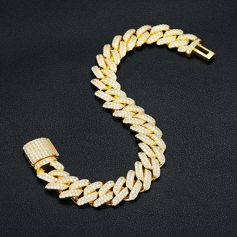 Custom Jewelry Men&prime;s Bracelet 14mm Gold Plated 925 Sterling Silver Vvs Moissanite Diamond Miami Cuban Link Chain Bracelet