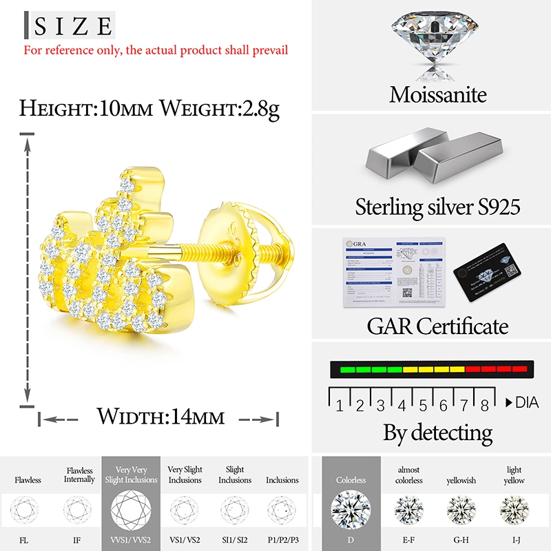 Luxury Hip Hop Jewelry Hypoallergenic 18K Gold Plated 925 Sterling Silver Vvs Moissanite Diamond Allah Stud Earrings for Men