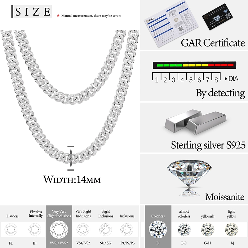 14mm Gold Plated 925 Sterling Silver Vvs Moissanite Diamond Iced out Cuban Link Chain with Luxury Jewelry Box
